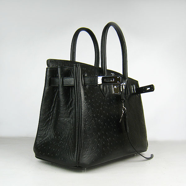 Replica Hermes Birkin 30CM Ostrich Veins Handbag Black 6088 On Sale - Click Image to Close